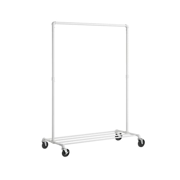 Klädstång, klädhängare på hjul, kraftig klädstång, klarar 90 kg, industriell design, klädställning med 1 hängstång och hylla, för sovrum tvättstuga,