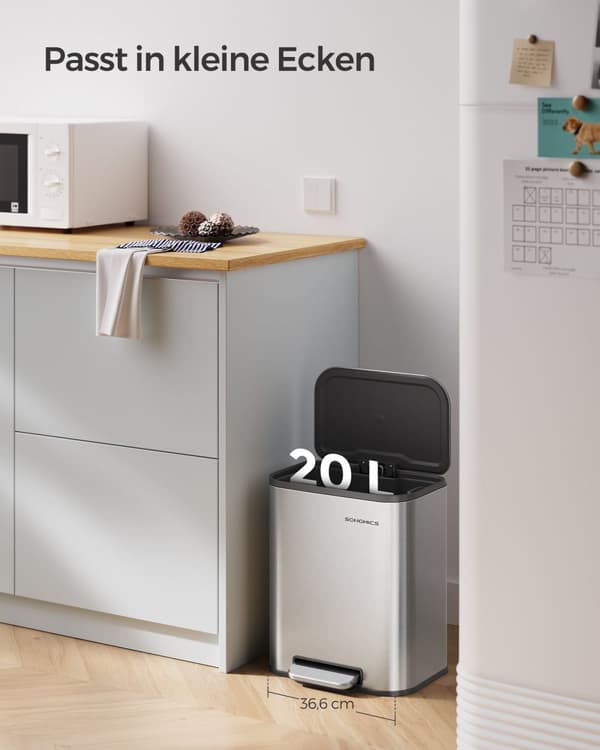 Papperskorg för kök, 20 liters papperskorg med lock, pedal, stål, mjukstängande, hållfunktion, med innerpapperskorg, metallic silver