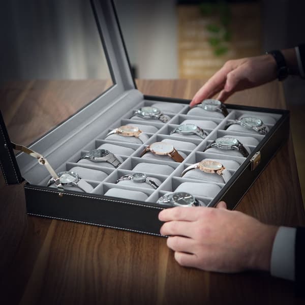 Klockbox, låsbart klockfodral, klockförvaringsbox med 24 fack, glaslock, present till nära och kära, svart syntetiskt läder, grått foder JWB024