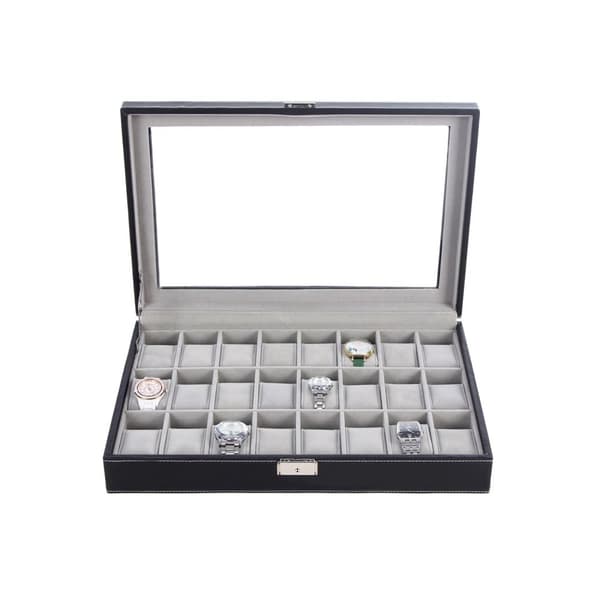 Klockbox, låsbart klockfodral, klockförvaringsbox med 24 fack, glaslock, present till nära och kära, svart syntetiskt läder, grått foder JWB024