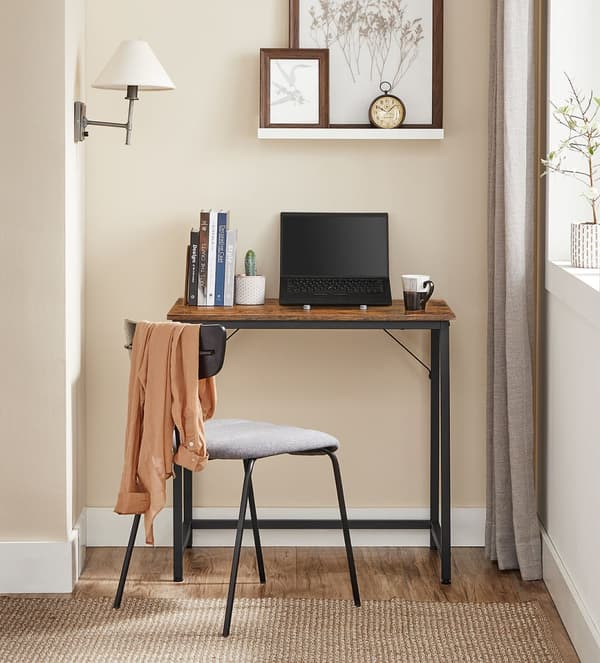 Skrivebord, computerbord, lille kontorbord, 80 x 50 x 75 cm, arbejdsværelse, hjemmekontor, enkel montering, stål, industrielt design, rustik brun og