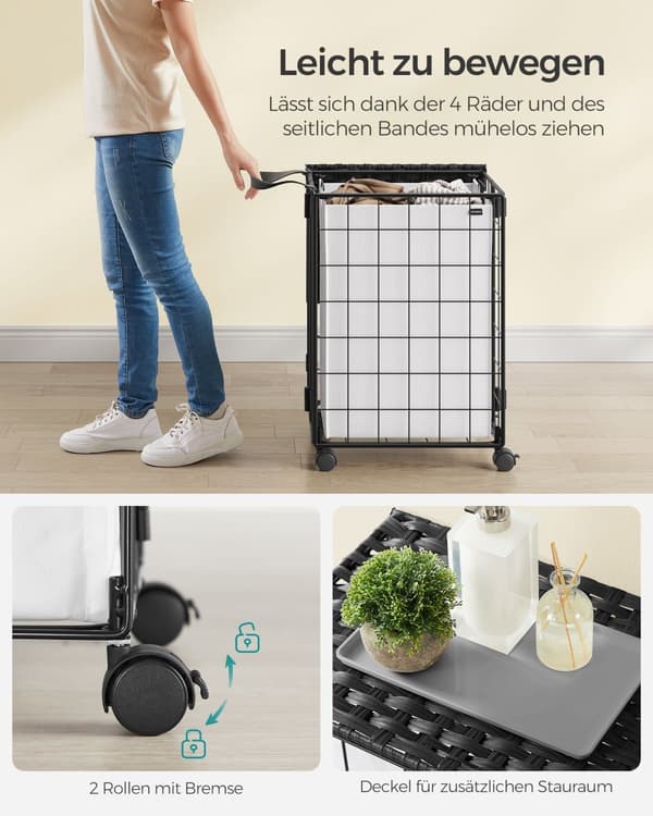 Flyttbar tvättkorg för tvättstuga bläcksvart och molnvit
