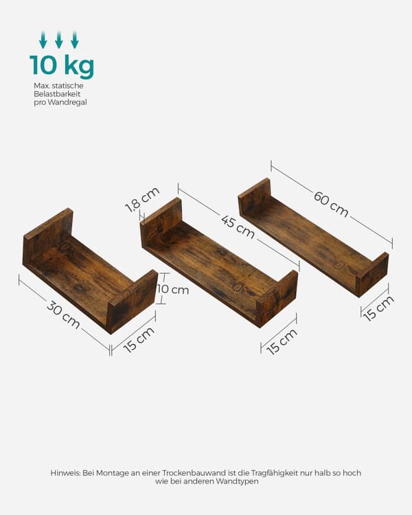 Vägghylla set om 3 30/45/60 cm för väggmontering