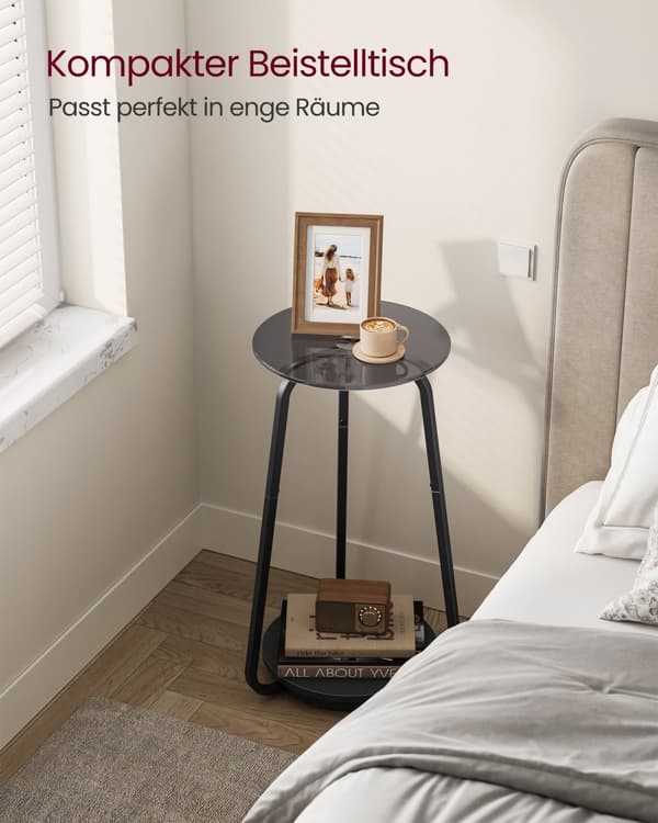Runt nattduksbord med 2 våningar, glasskiva och spånskivehylla, för vardagsrum, sovrum, små utrymmen, modern stil, skiffergrå ULET287B16