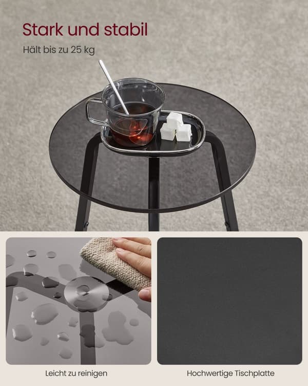 Runt nattduksbord med 2 våningar, glasskiva och spånskivehylla, för vardagsrum, sovrum, små utrymmen, modern stil, skiffergrå ULET287B16