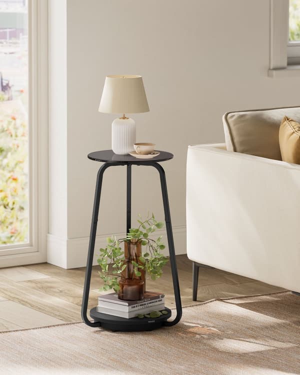 Runt nattduksbord med 2 våningar, glasskiva och spånskivehylla, för vardagsrum, sovrum, små utrymmen, modern stil, skiffergrå ULET287B16