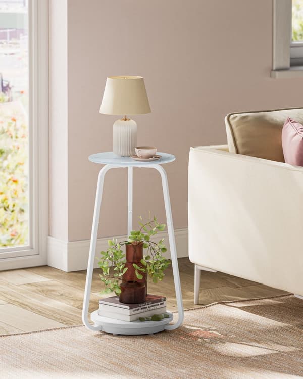 Runt sängbord med 2 nivåer Soffbord med glasskiva och spånskivehylla för vardagsrum sovrum små rum Modern marmor vit LET287W59
