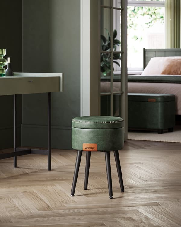 EKHO Collection - Säilytystuoli, pukeutumispöydän jakkara, PU tikkauksilla, Mid-Century Modern, pyöreä säilytysjakkara teräsjaloilla, kantavuus 150 k