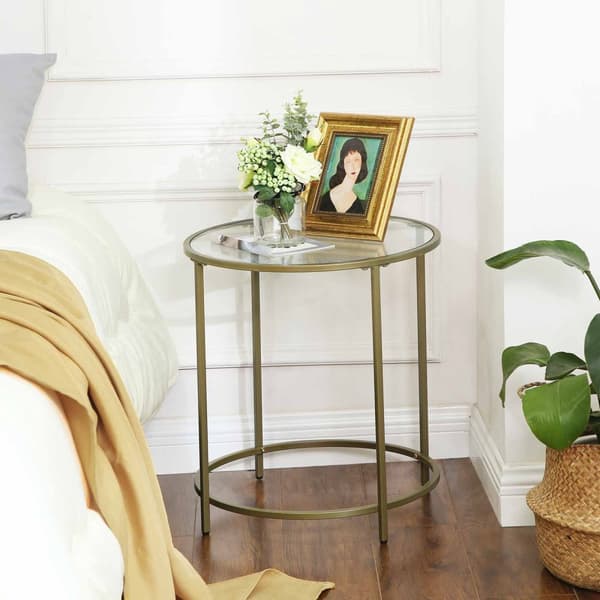 Rundt sidebord, endebord i hærdet glas med gylden metalramme, lille sofabord, sengebord, stue, balkon, robust og stabilt, dekorativt, guld LGT20G