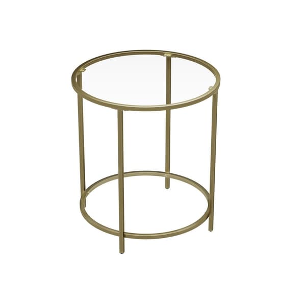 Rundt sidebord, endebord i hærdet glas med gylden metalramme, lille sofabord, sengebord, stue, balkon, robust og stabilt, dekorativt, guld LGT20G