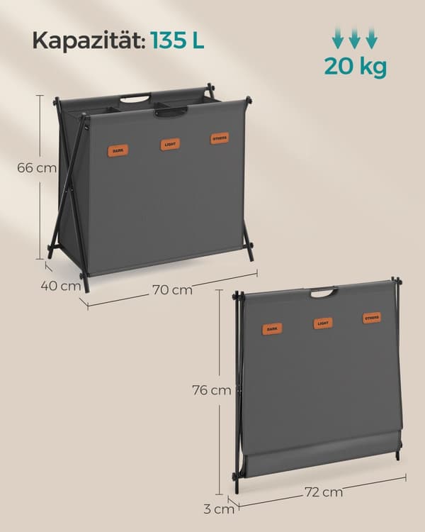 Tvättkorg 135 liter med 3 fack skiffergrå