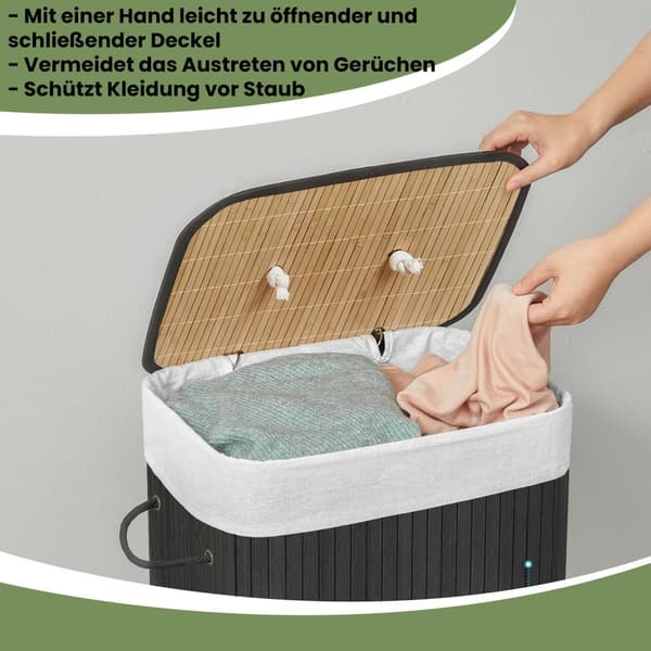 Tvättkorg med lock, 72 L, tvättkorg i bambu