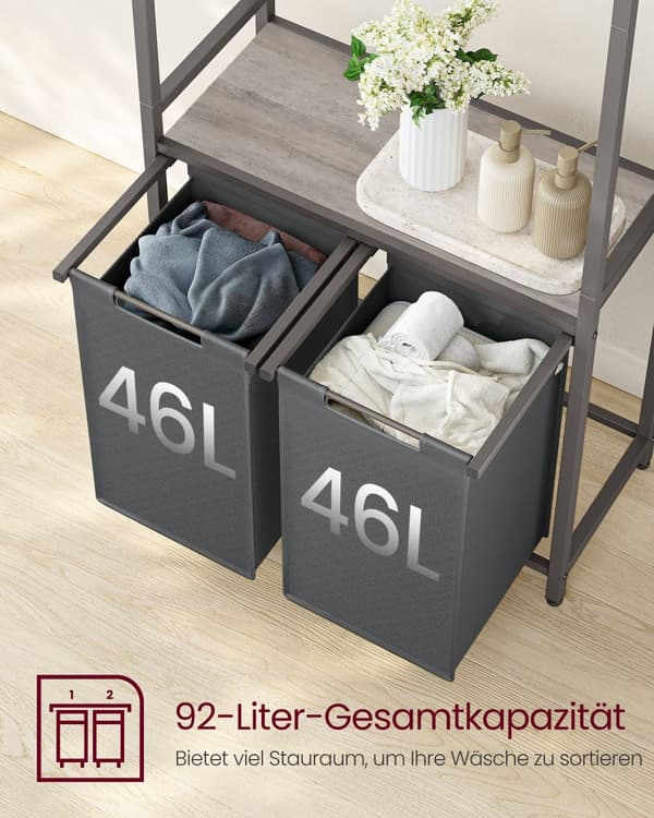 Cesta de lavandería de 2 secciones con riel para ropa, forros extraíbles y extraíbles, estante, 2 x 12.1 galones, 28.7 x 13 x 69.7 pulgadas, gris jas