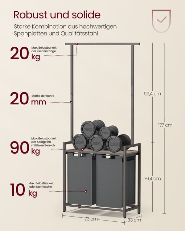 Cesta de lavandería de 2 secciones con riel para ropa, forros extraíbles y extraíbles, estante, 2 x 12.1 galones, 28.7 x 13 x 69.7 pulgadas, gris jas