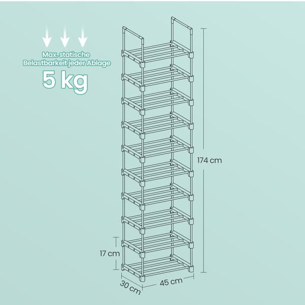 Kenkäteline 10 tasoa, avoin kenkäkaappi korkea, kenkäteline kapea