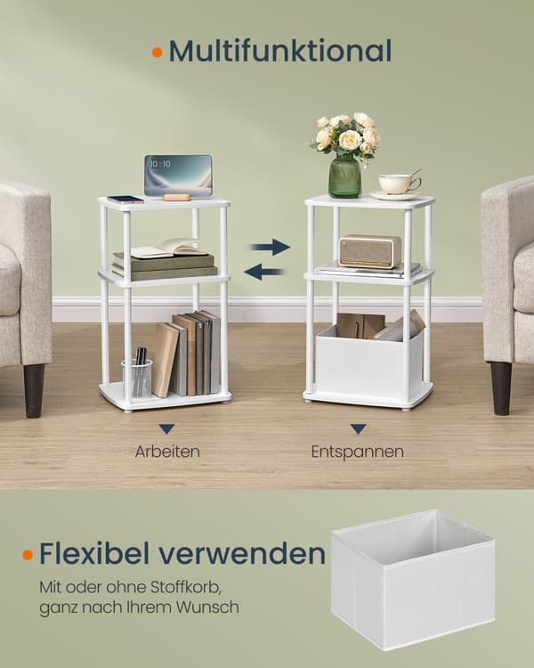 Sidebord, sengebord, endebord med 3 opbevaringshylder, stofkurv, til soveværelse, stue, stålramme, 30 x 34 x 58 cm, moderne, snehvid LET286W01