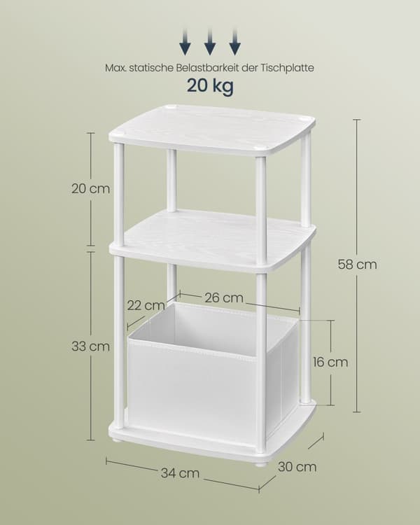 Sidebord, sengebord, endebord med 3 opbevaringshylder, stofkurv, til soveværelse, stue, stålramme, 30 x 34 x 58 cm, moderne, snehvid LET286W01