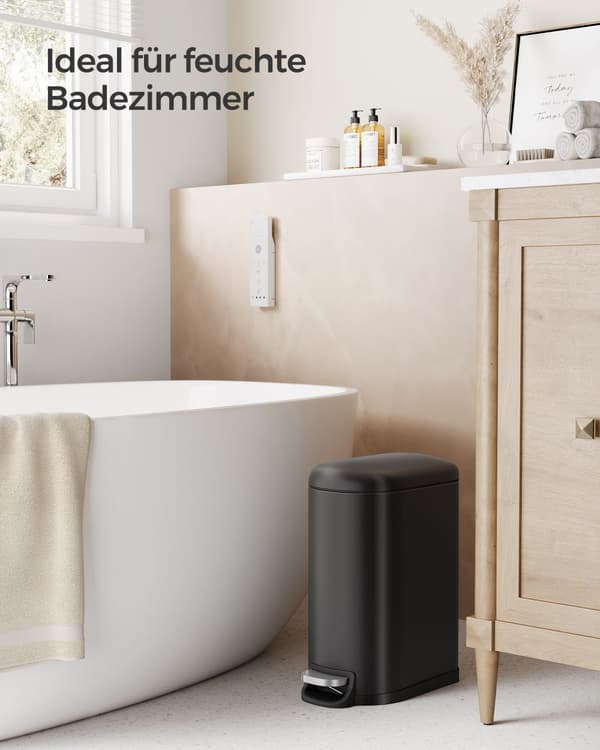 Badrumstunna, 10L liten tunna med lock, pedal-toalettstol, smal för små utrymmen, stål, mjukstängande, bläcksvart