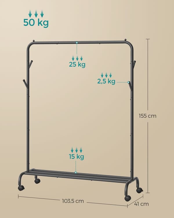 Tøjstativ, tøjstativ, enkelt tøjstativ, kraftig metalramme, med hjul og hylde, 50 kg total max. belastning, 103,5 cm bred, tøjopbevaring, blæksort HS