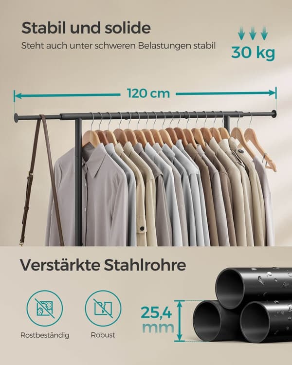 Klädstång, klädhängare, utdragbar hängstång, klädförvaring med hjul, 45 kg total max. Last, 40 x (83-120) x 156 cm, Bläck Svart HSR134B01