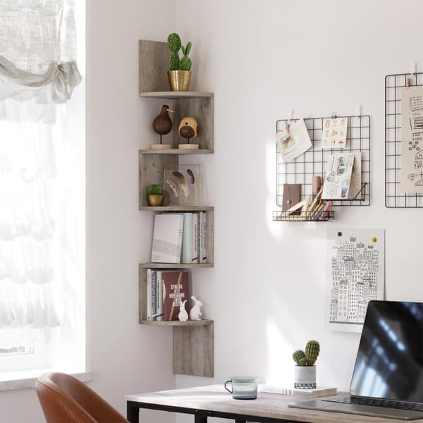 Hörnhylla, 5-stegs flytande vägghylla med sicksackdesign, bokhylla, Greige LBC020M01