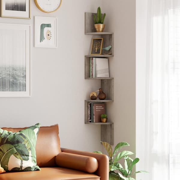 Hörnhylla, 5-stegs flytande vägghylla med sicksackdesign, bokhylla, Greige LBC020M01