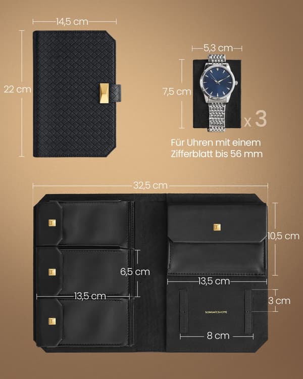 ONGMICS HOME RONNE Collection - 3 Watch Pouch, Watch Travel Case, kudottu kohokuvioitu PU-nahka, kannettava kellon säilytysjärjestäjä, 22 x 14.5 x 4.