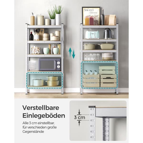 5-stegs hyllplan, stålhyllplan för förvaring, skruvlös montering, för garage, skjul, lastkapacitet 650 kg, 30 x 75 x 150 cm, silver GLR030E01