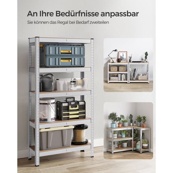 5-stegs hyllplan, stålhyllplan för förvaring, skruvlös montering, för garage, skjul, lastkapacitet 650 kg, 30 x 75 x 150 cm, silver GLR030E01