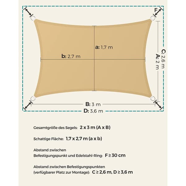 Markise 2 x 3 m rektangulær sandgul