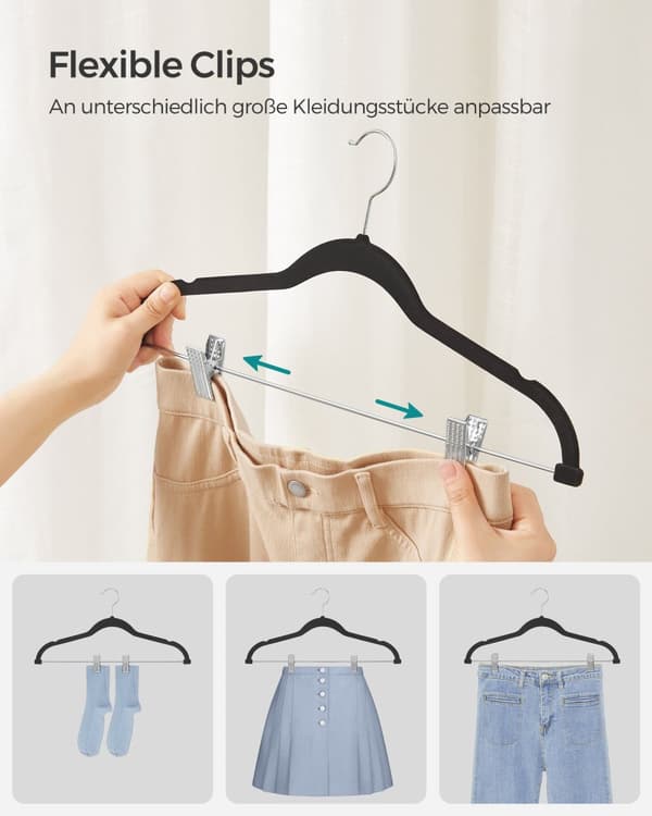 Fløjlsbøjle sæt med 10 stk. med justerbare clips, sort