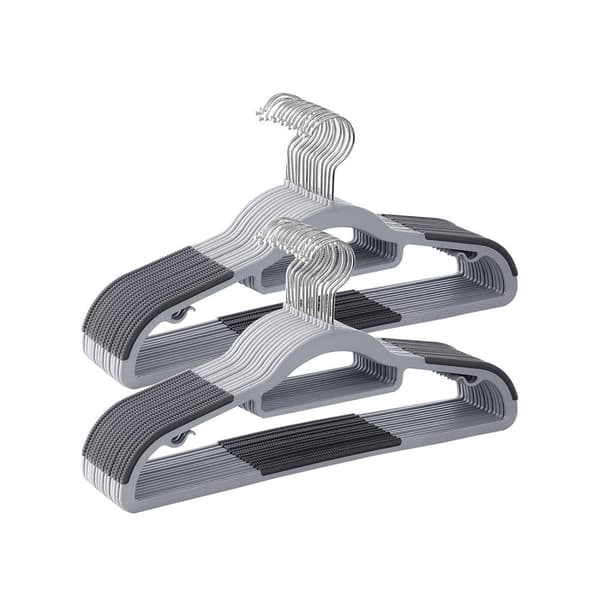 Set med 30 klädhängare, halkfria plasthängare, platsbesparande klädhängare, 0,5 cm tjocka, 42 cm långa, silverfärgad 360° vridbar krok, ljusgrå och m