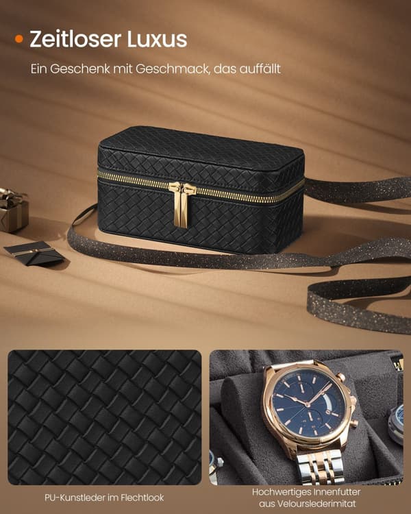 RONNE Collection - Resefodral för 3 klockor, klockbox för 3 klockor, vävt PU-läder, 10 x 20 x 9 cm, presentidé, bläcksvart yta, skiffergrått foder JW
