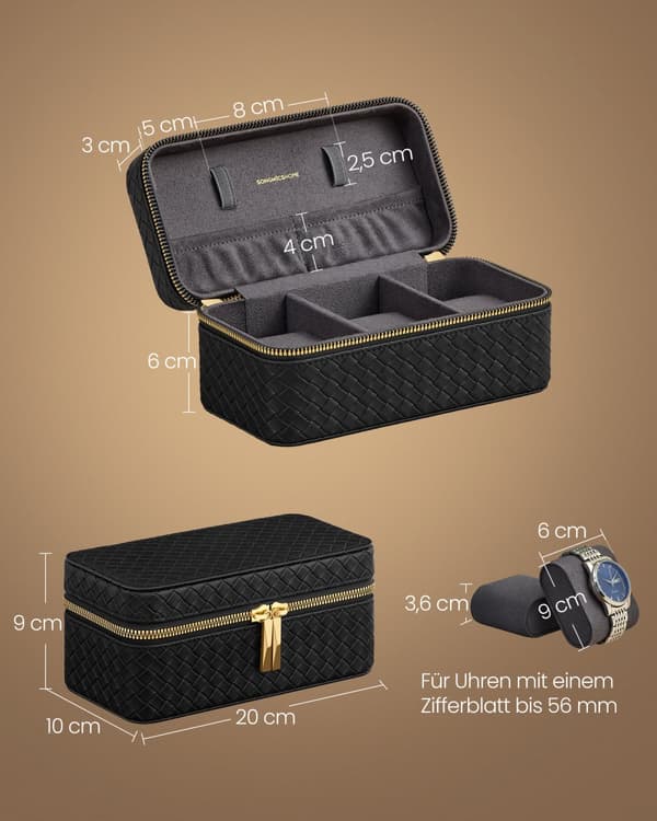 RONNE Collection - Resefodral för 3 klockor, klockbox för 3 klockor, vävt PU-läder, 10 x 20 x 9 cm, presentidé, bläcksvart yta, skiffergrått foder JW