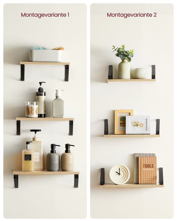Vägghylla, flytande hylla, set om 3, hylla, 2 monteringsalternativ, displayhylla för vardagsrum, kök, arbetsrum, badrum, ek svart