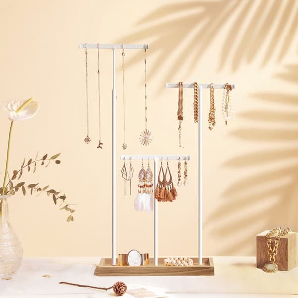 2-i-1 Smyckesställ Hållare, Smyckesställ Träd, 3 T-Shape metallstänger med hål, Förvaringsbricka, Justerbar, Långt halsband Armband Örhänge Ring, Rus