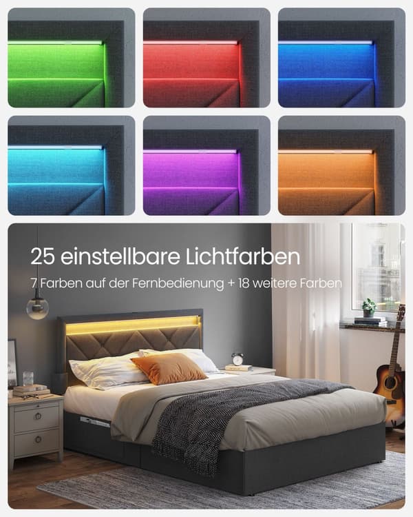 Sänky 140 x 200 cm latausasemalla liuskekivenharmaa mattamusta