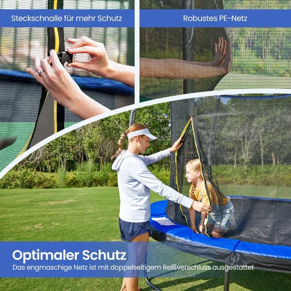 Trampolin 305 cm d, trädgårdstrampolin med säkerhetsnät, 180 cm höga böjda stolpar