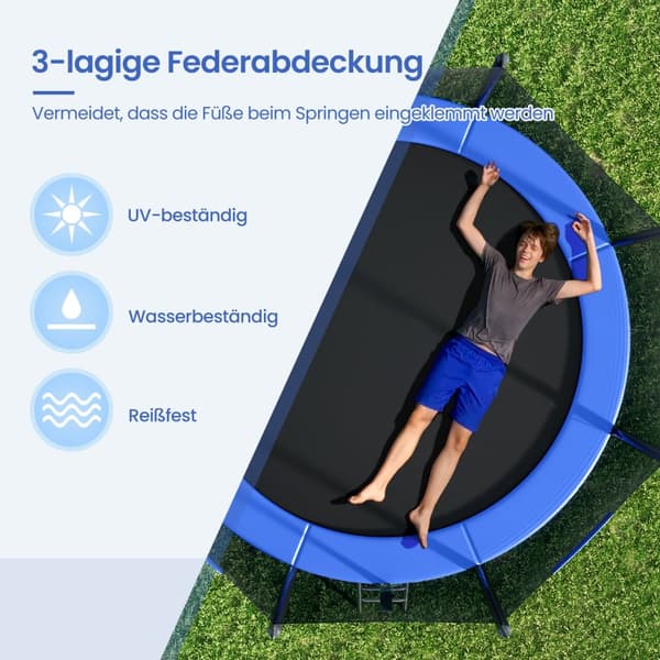 Trampolin 305 cm d, trädgårdstrampolin med säkerhetsnät, 180 cm höga böjda stolpar