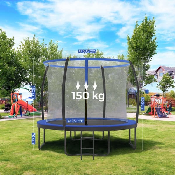Trampolin 305 cm d, trädgårdstrampolin med säkerhetsnät, 180 cm höga böjda stolpar