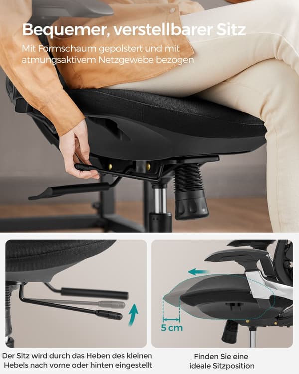 OBN068B01 Ergonomisk justerbar kontorstol - justerbart sæde foran eller bagpå - understøtter op til 150 kg - blæksort