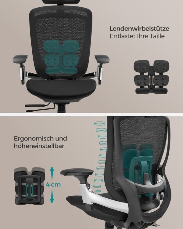 OBN068B01 Ergonomisk justerbar kontorstol - justerbart sæde foran eller bagpå - understøtter op til 150 kg - blæksort