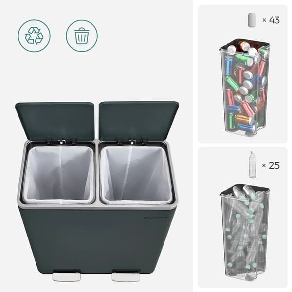 Dobbelt skraldespand, 2 x 30 L køkkenaffaldsspand med to rum og 15 affaldsposer, metalpedalspand med indvendige plastspande og låg, blød lukning, lug