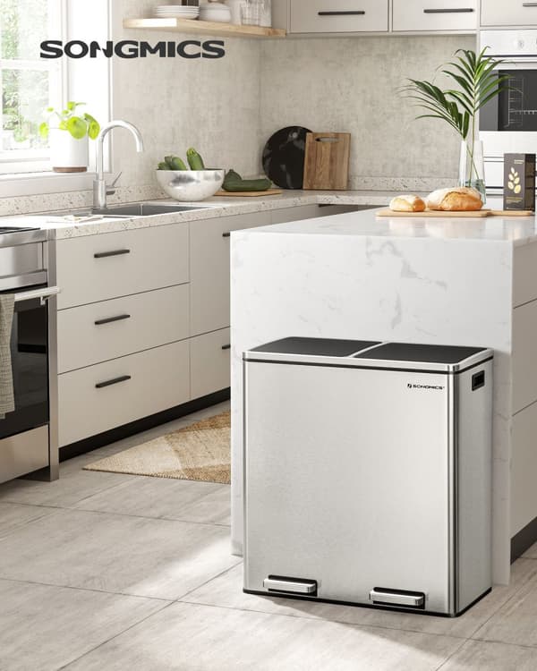 Dubbel soptunna, 2 x 30 L köksavfallstunna med dubbla fack och 15 soppåsar, metallpedal med innerhinkar och lock av plast, mjukstängning, lukttätning