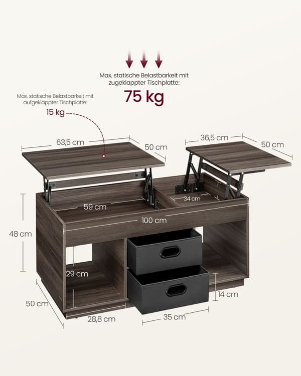 Soffbord Höjdjusterbart Vardagsrumsbord 2 lådor och dolda fack Soffbord Öppna fack för vardagsrum Hemmakontor Askbrun LCT210K02