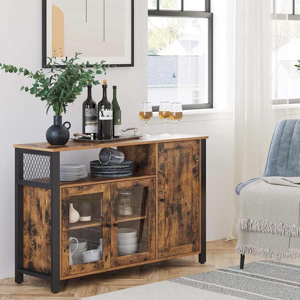 Buffetskåp, sideboard, golvförvaringsskåp med transparenta dörrar, rustikt ULSC096B01