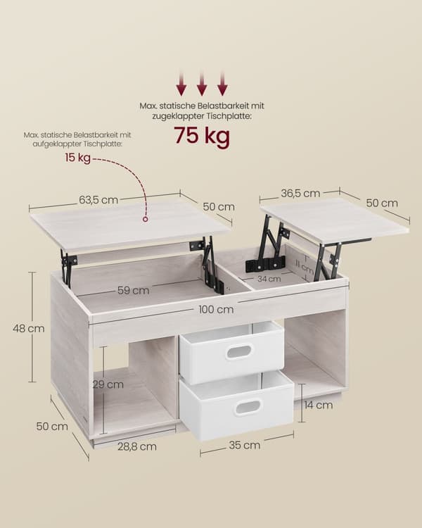 Sofabord, hæve-sænke-sofabord med 2 skuffer og skjulte rum, centerbord med hæve-sænke-bordplade, åbne rum, til stue, hjemmekontor, havregrynsbeige LC