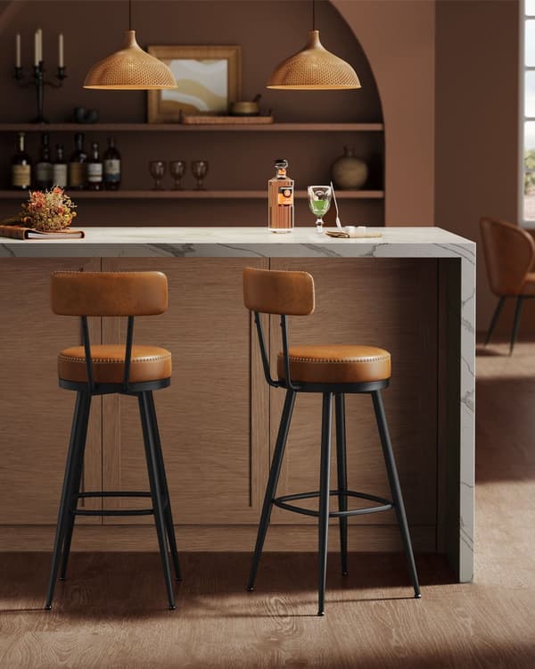 EKHO Collection - Baarijakkarat 2 kpl kääntyvä baarijakkara selkänojalla keinonahkaa tikkauksilla Mid-Century Modern Style 76cm pitkä keittiö kotibaa