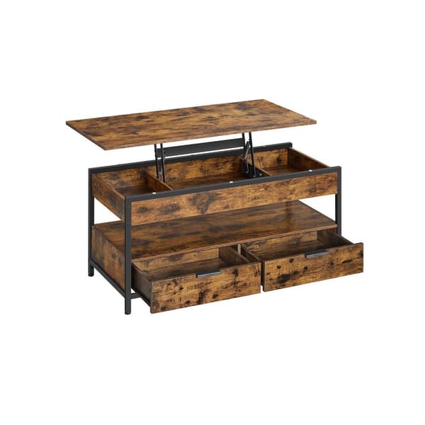 Soffbord med lyftskiva, vardagsrumsbord, med förvaringslådor, dolda fack och öppen hylla, Rustic Brown och Ink Black LCT209K01