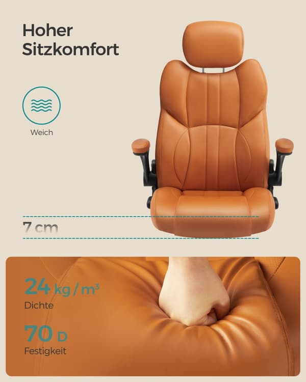 Toimistotuoli säädettävällä niskatuella ja käsinojilla karamellinruskea